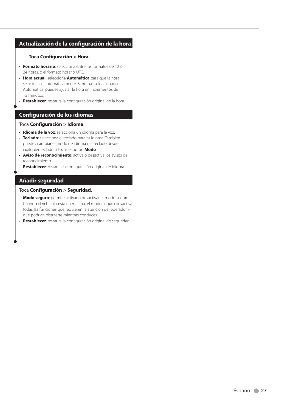 Actualización de la configuración de la hora, Configuración de los idiomas, Añadir seguridad | Kenwood DNX6180 User Manual | Page 91 / 96