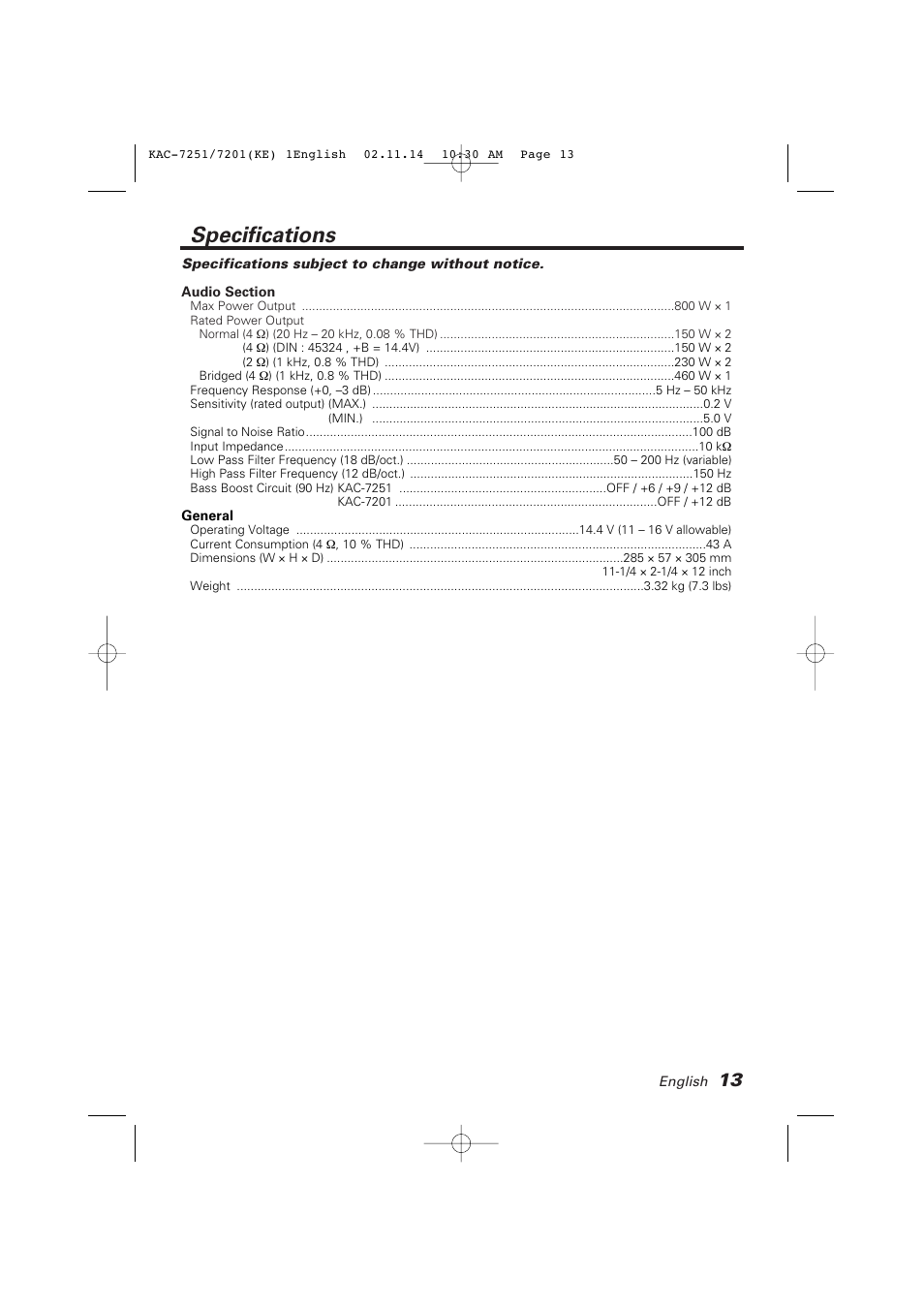Specifications | Kenwood KAC-7251 User Manual | Page 13 / 40