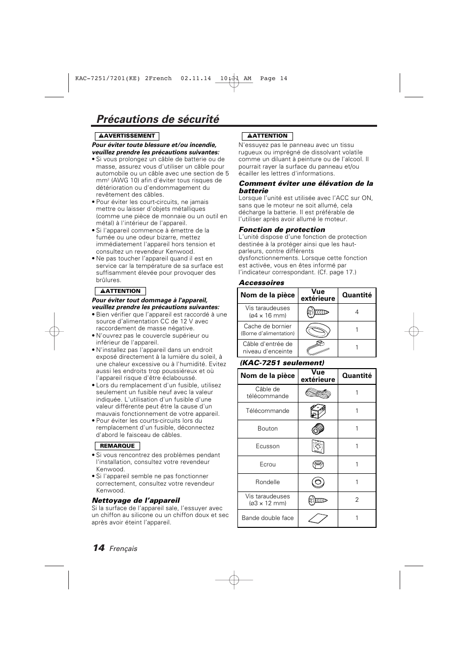 Amplificateur de puissance mode d’emploi, Precautions de securite, Précautions de sécurité | Kenwood KAC-7251 User Manual | Page 14 / 40
