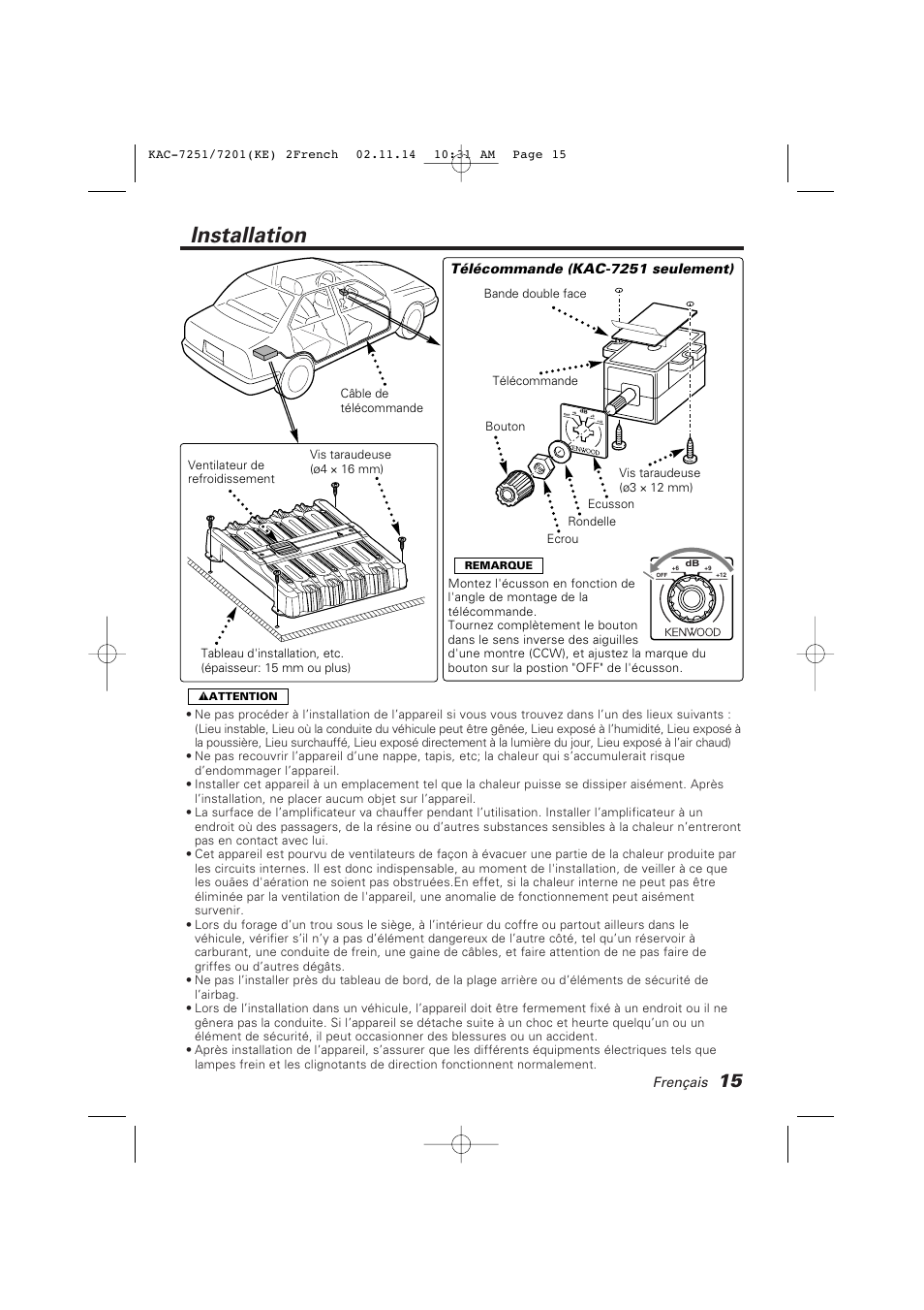 Installation | Kenwood KAC-7251 User Manual | Page 15 / 40