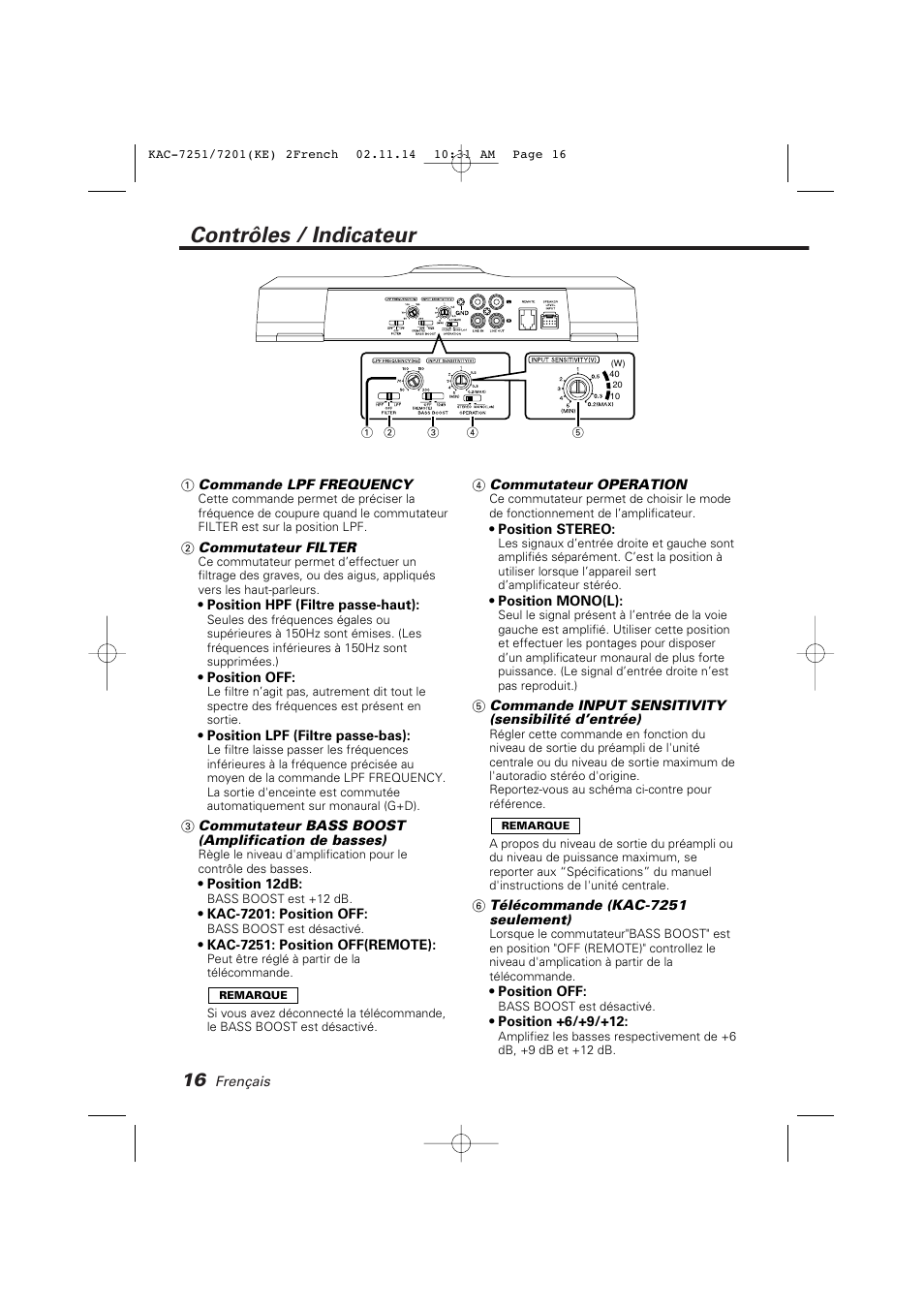 Controles / indicateur, Contrôles / indicateur | Kenwood KAC-7251 User Manual | Page 16 / 40