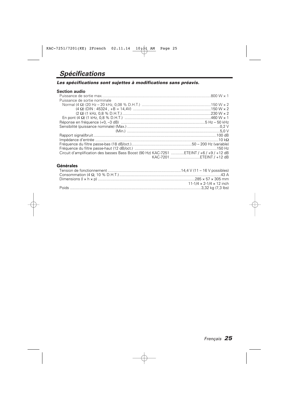 Specifications, Spécifications | Kenwood KAC-7251 User Manual | Page 25 / 40