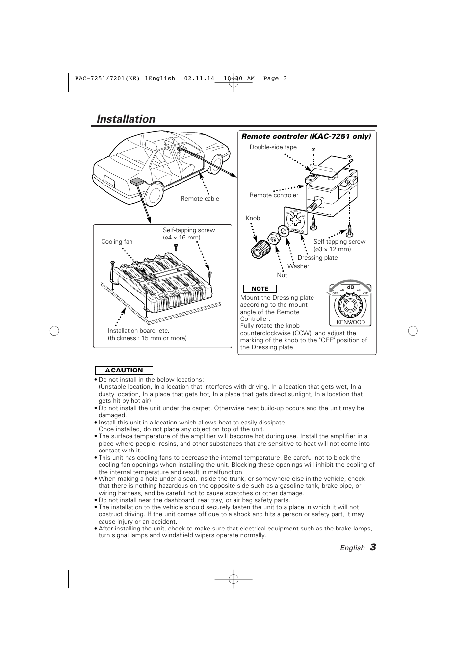 Installation | Kenwood KAC-7251 User Manual | Page 3 / 40
