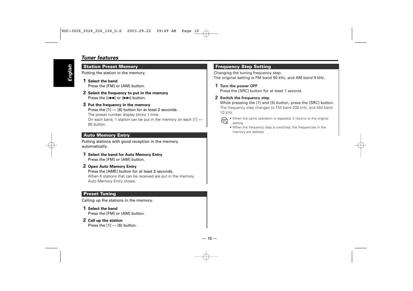 Station preset memory, Auto memory entry, Preset tuning | Frequency step setting | Kenwood KDC-126S User Manual | Page 10 / 20