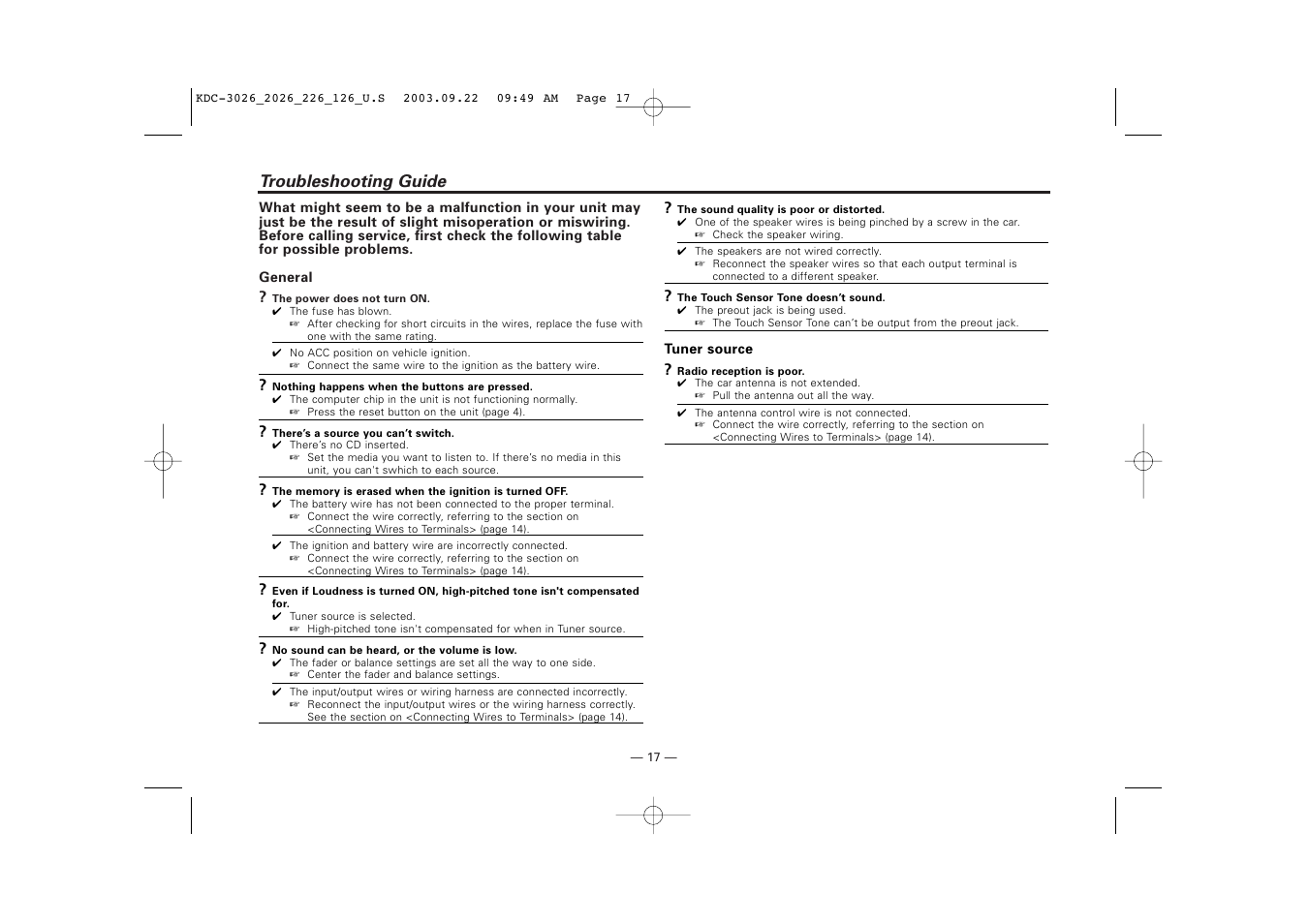 Troubleshooting guide | Kenwood KDC-126S User Manual | Page 17 / 20