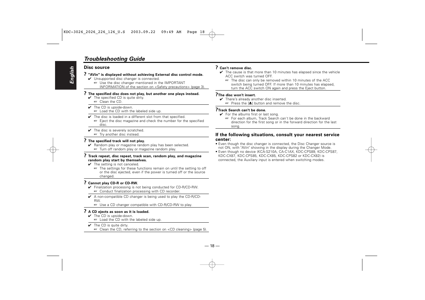 Troubleshooting guide | Kenwood KDC-126S User Manual | Page 18 / 20