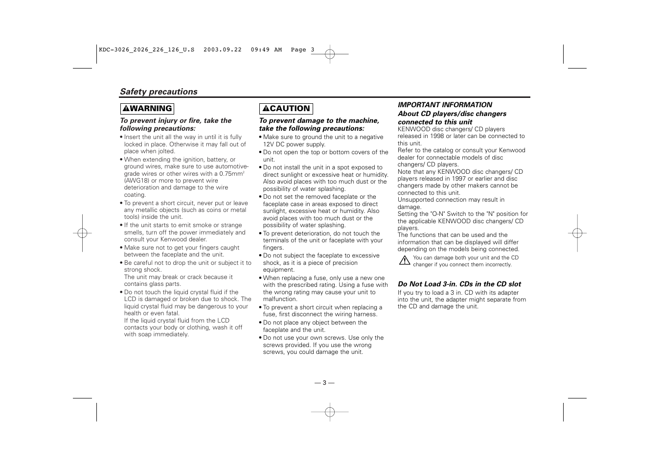 Safety precautions | Kenwood KDC-126S User Manual | Page 3 / 20