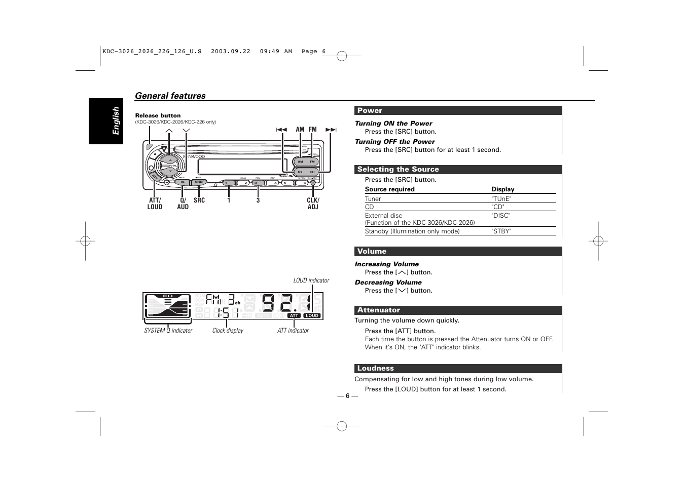 General features, Power, Selecting the source | Volume, Attenuator, Loudness | Kenwood KDC-126S User Manual | Page 6 / 20