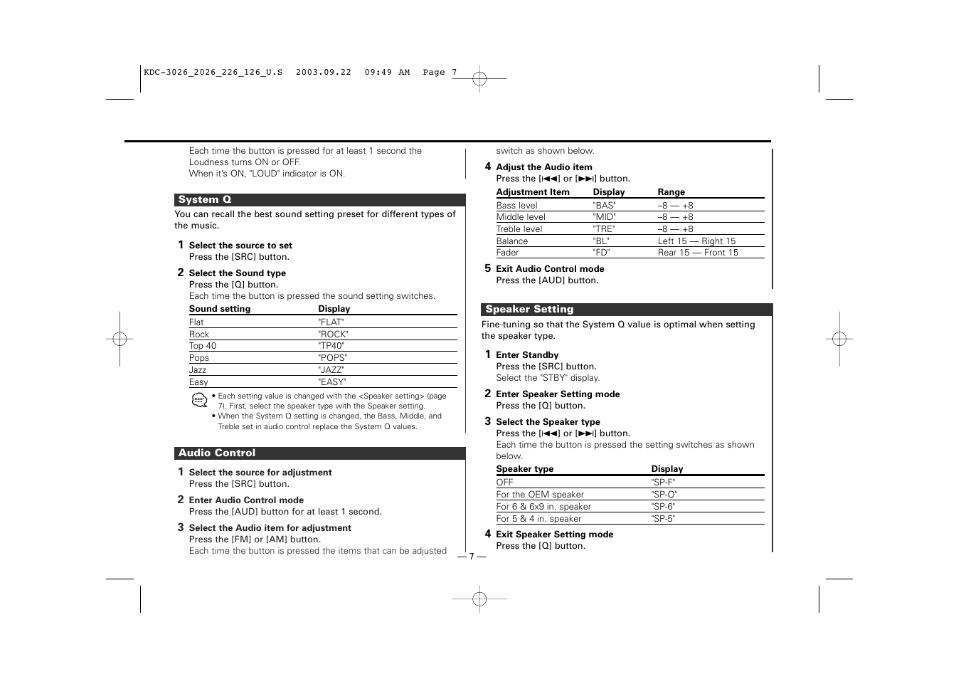 System q, Audio control, Speaker setting | Kenwood KDC-126S User Manual | Page 7 / 20