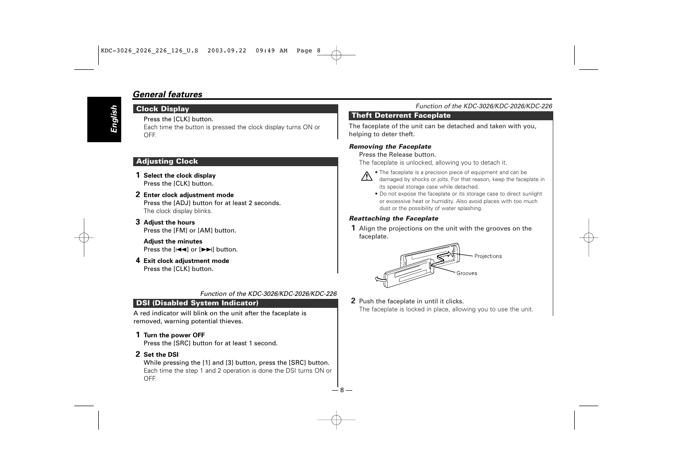 Clock display, Adjusting clock, Dsi (disabled system indicator) | Theft deterrent faceplate | Kenwood KDC-126S User Manual | Page 8 / 20