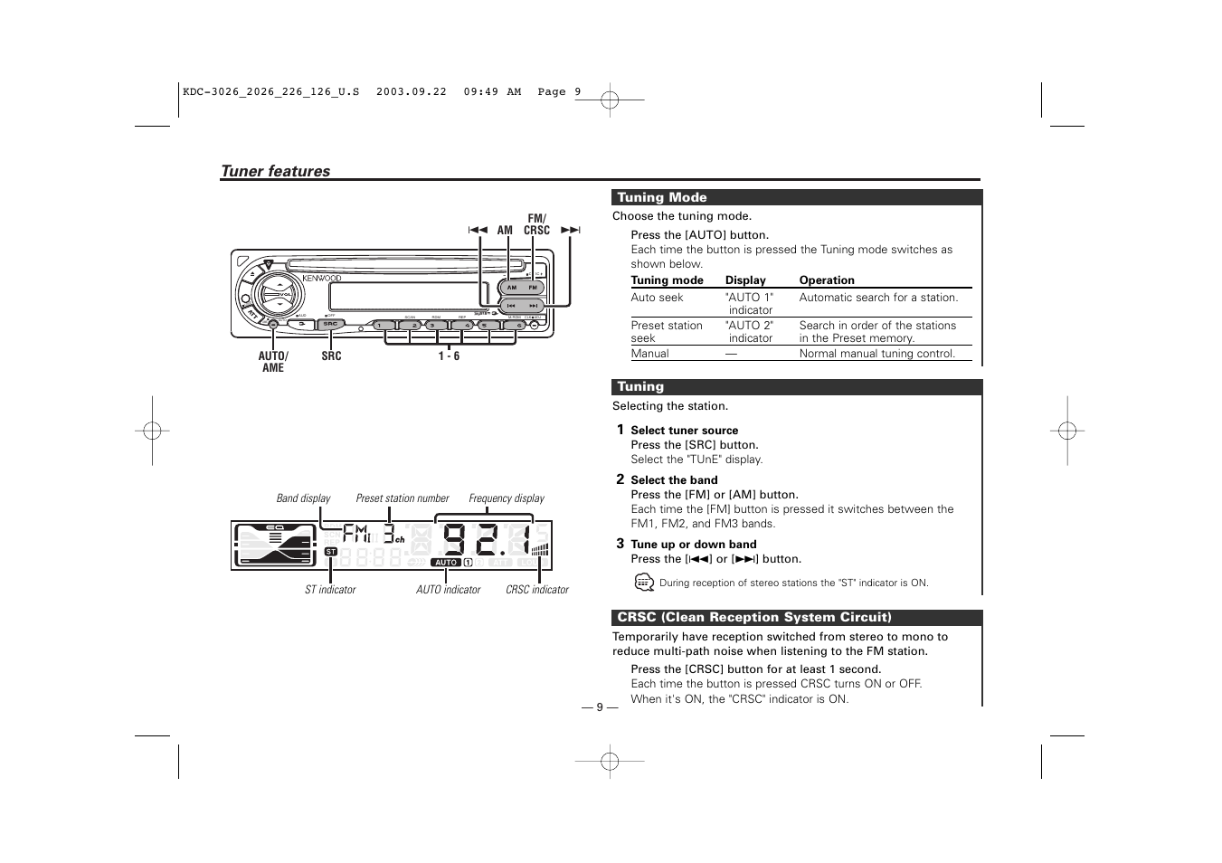 Tuner features, Tuning mode, Tuning | Crsc (clean reception system circuit) | Kenwood KDC-126S User Manual | Page 9 / 20