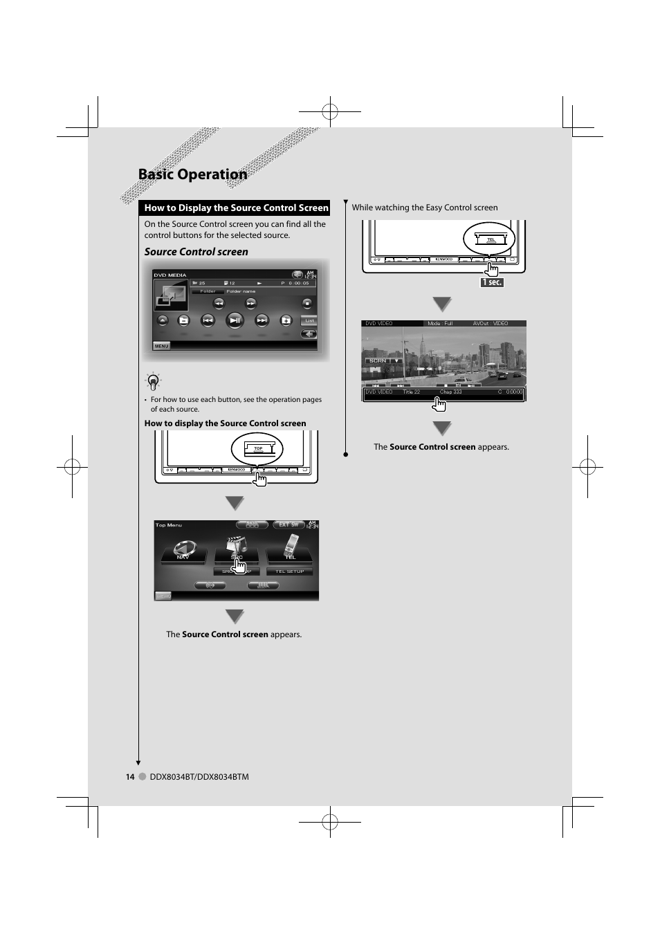 Basic operation, Source control screen | Kenwood DDX8034BTM User Manual | Page 14 / 96