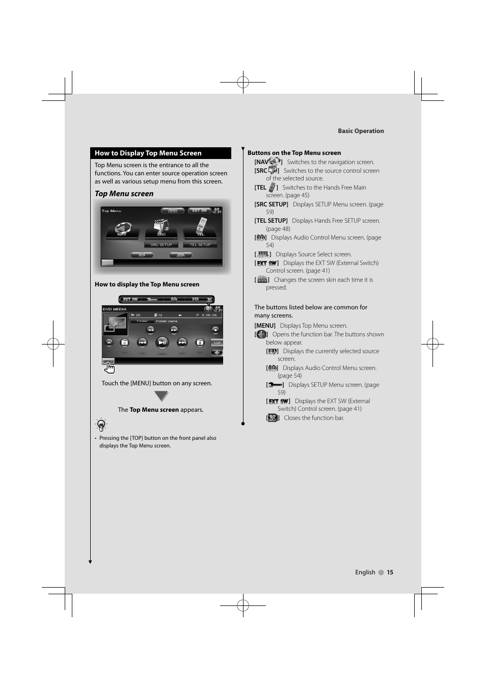 Top menu screen | Kenwood DDX8034BTM User Manual | Page 15 / 96