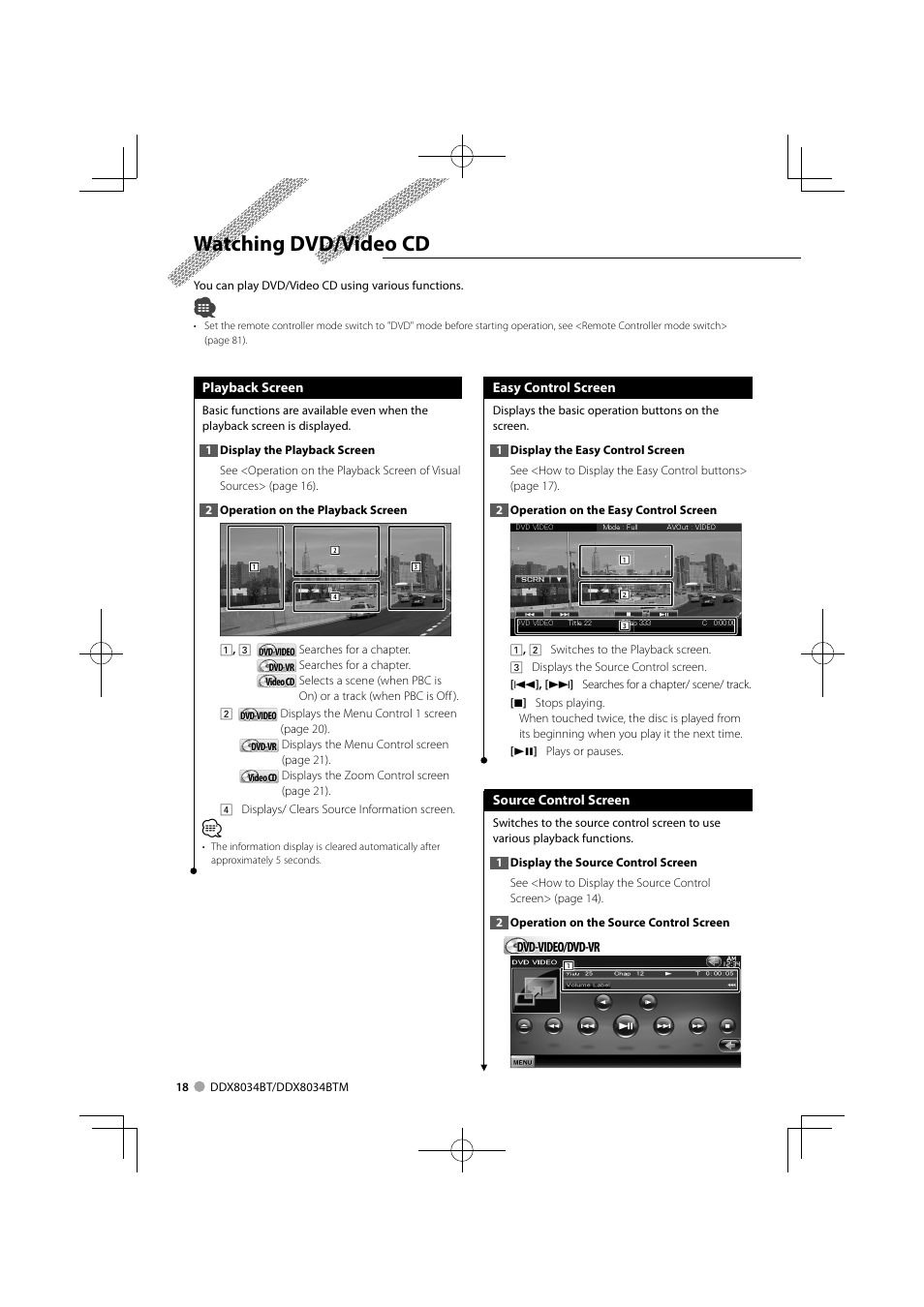 Watching dvd/video cd | Kenwood DDX8034BTM User Manual | Page 18 / 96