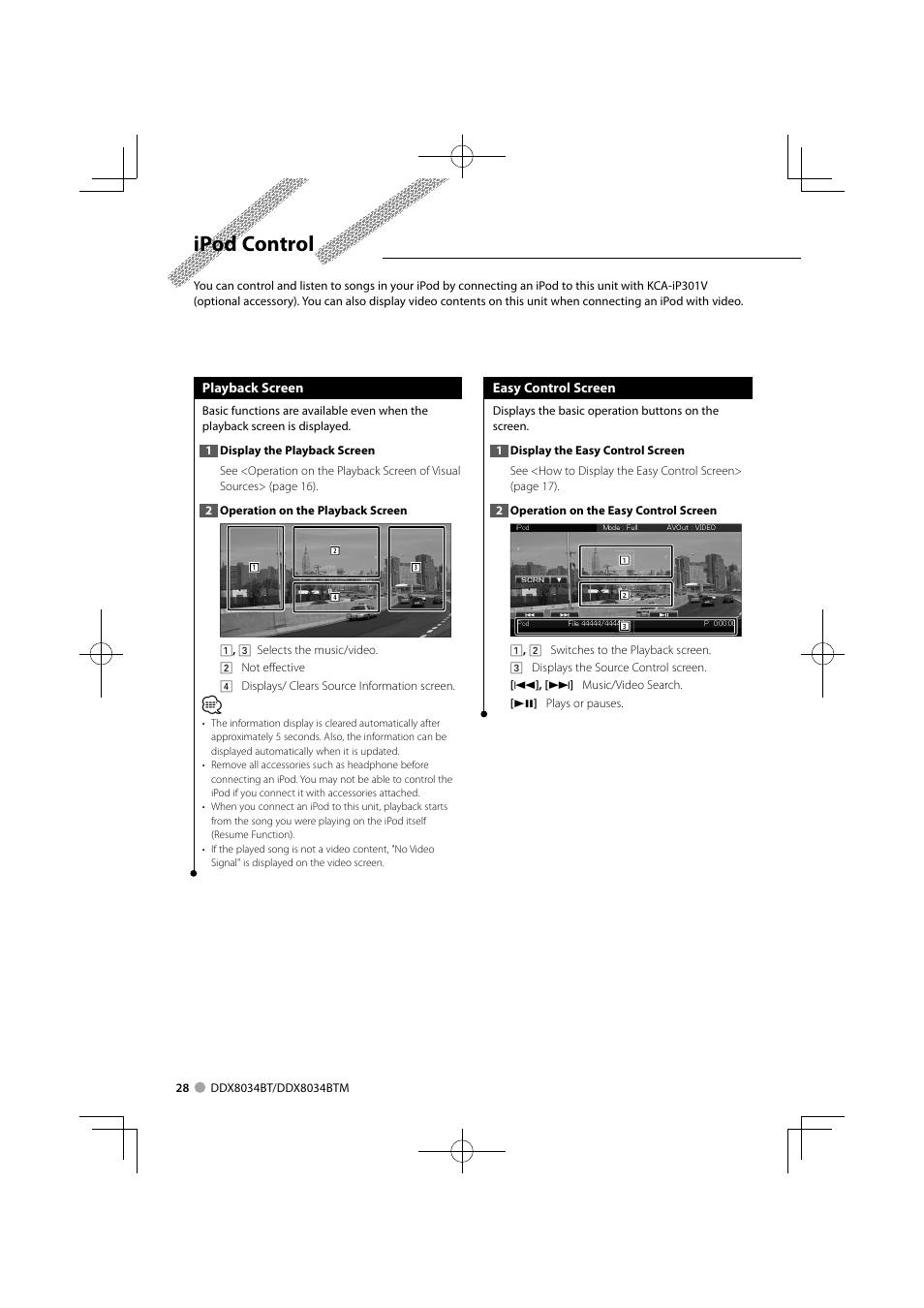 Ipod control | Kenwood DDX8034BTM User Manual | Page 28 / 96