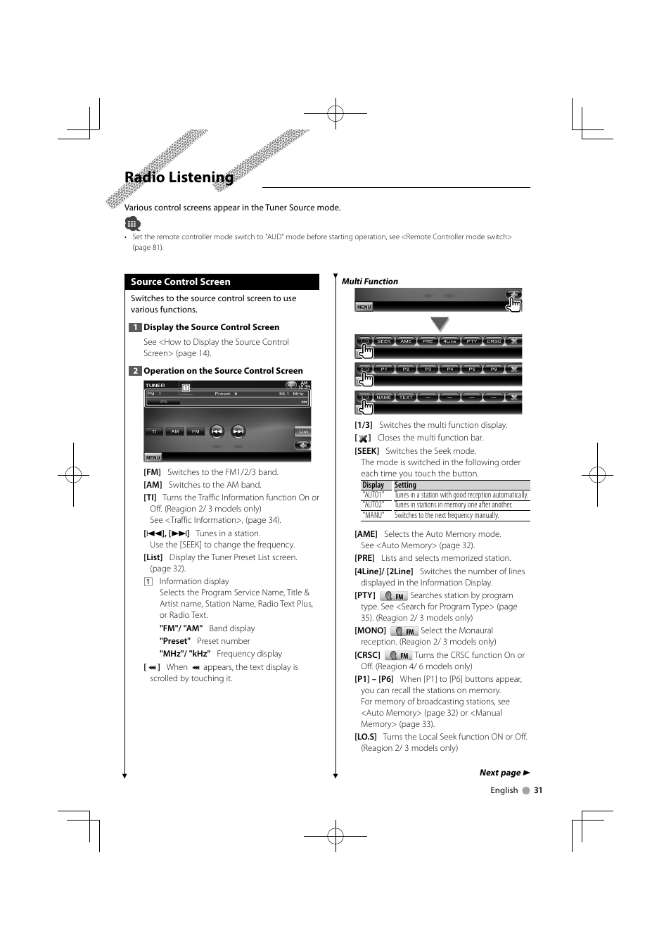 Radio listening | Kenwood DDX8034BTM User Manual | Page 31 / 96