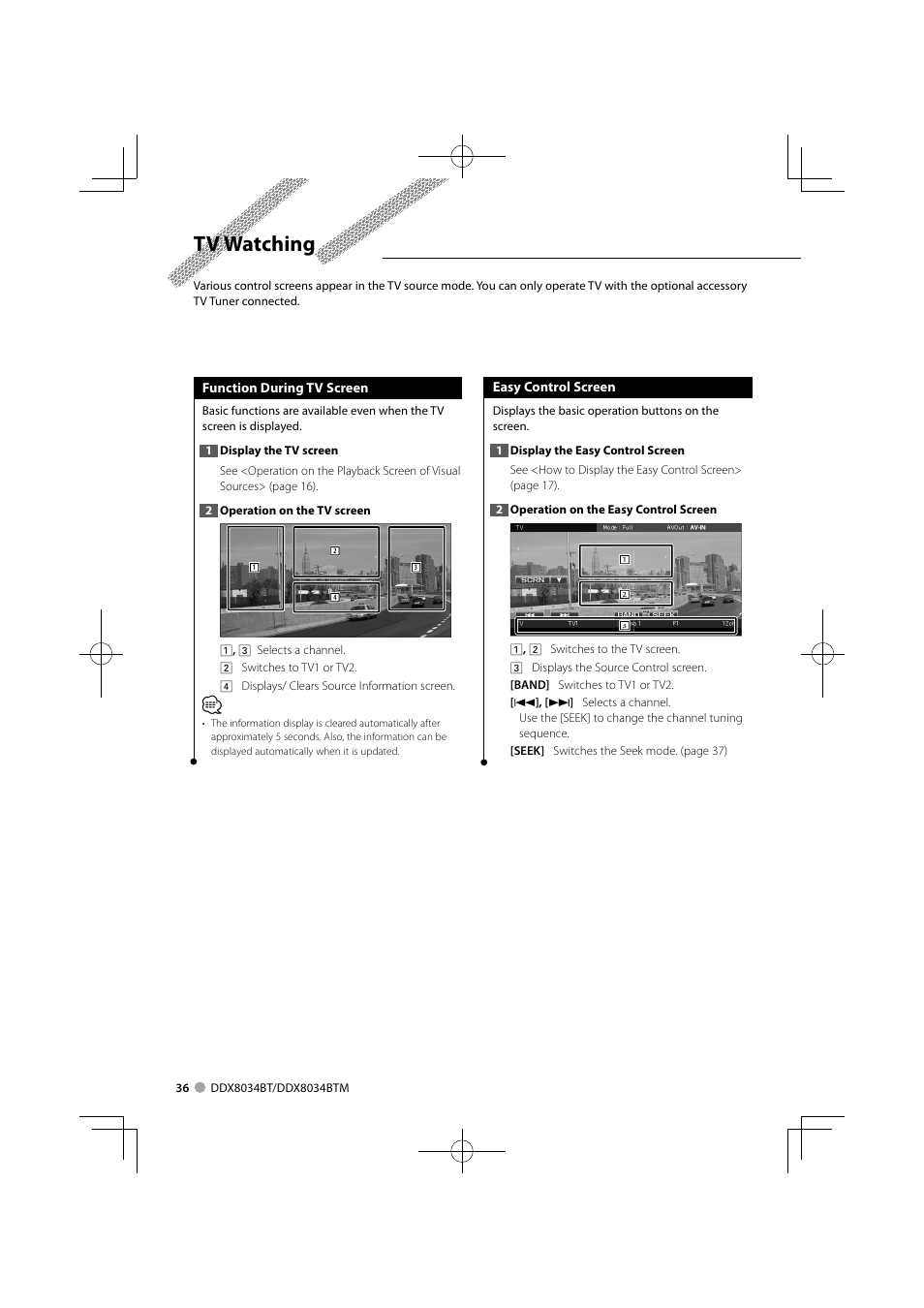 Tv watching | Kenwood DDX8034BTM User Manual | Page 36 / 96