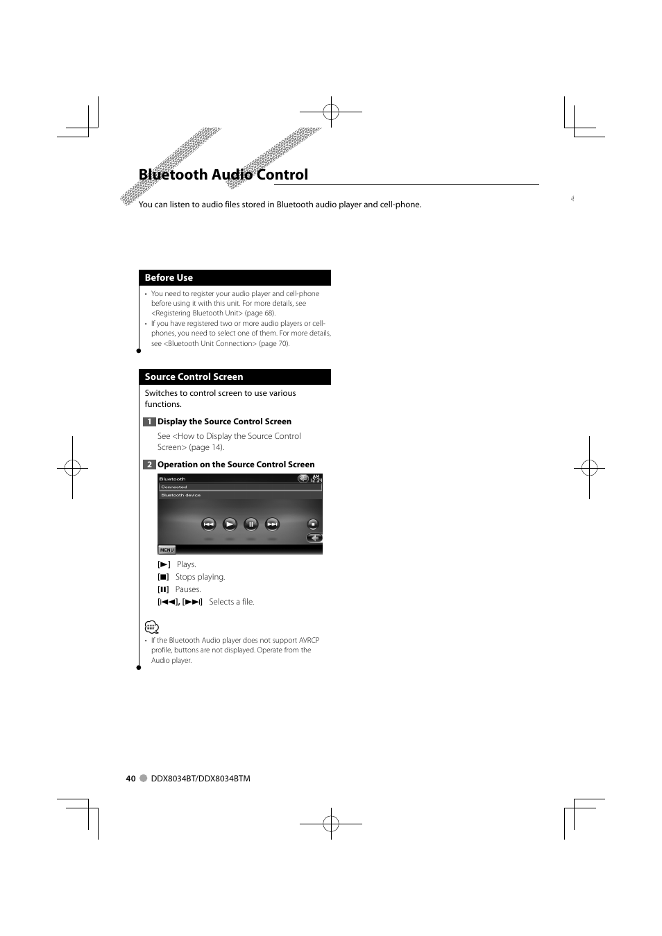 Bluetooth audio control | Kenwood DDX8034BTM User Manual | Page 40 / 96