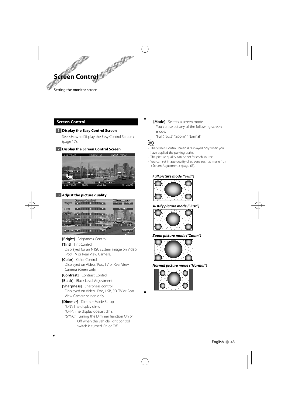 Screen control | Kenwood DDX8034BTM User Manual | Page 43 / 96