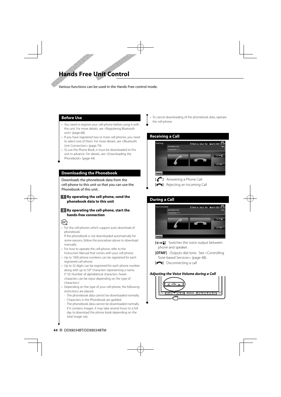 Hands free unit control | Kenwood DDX8034BTM User Manual | Page 44 / 96