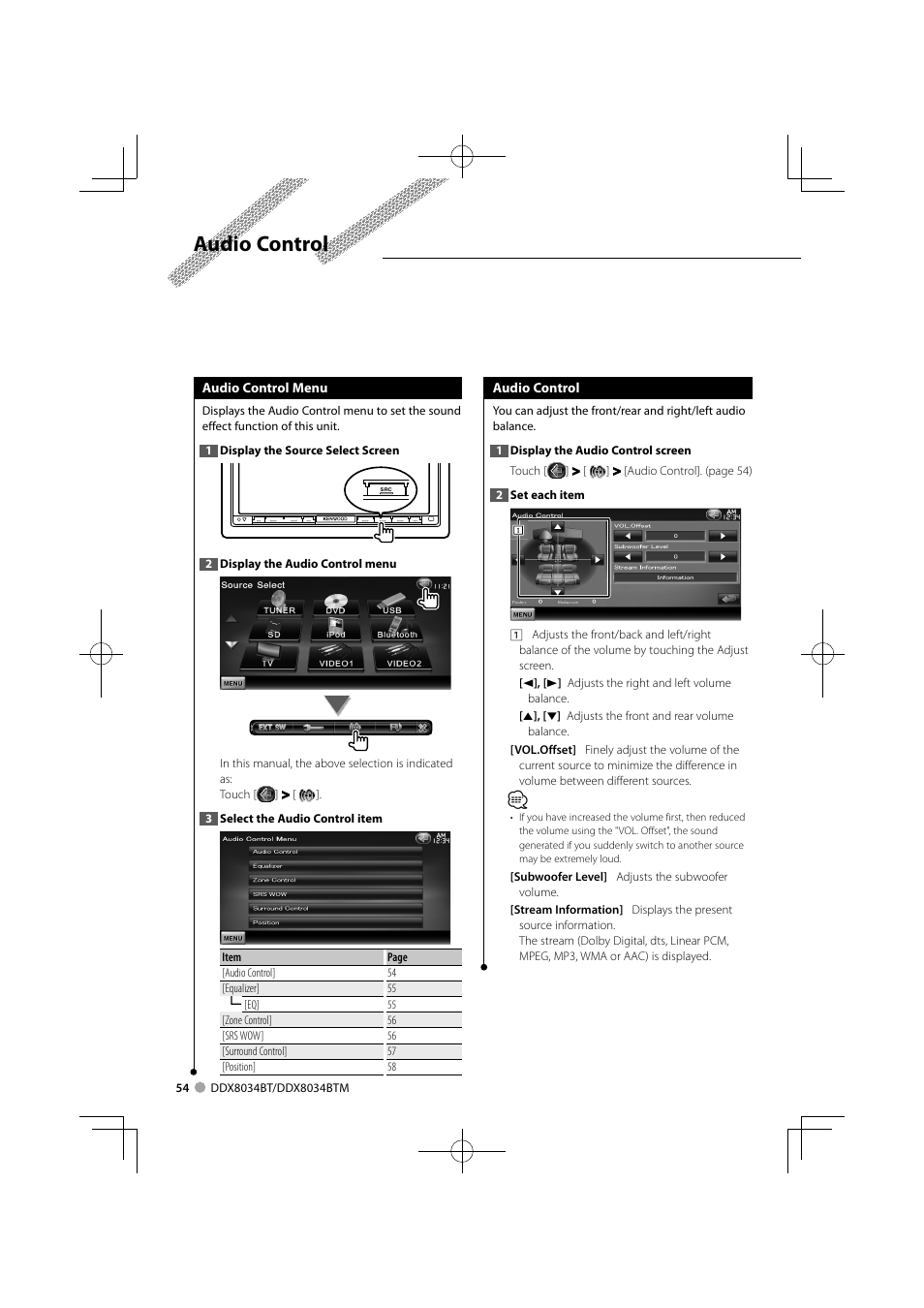 Audio control | Kenwood DDX8034BTM User Manual | Page 54 / 96