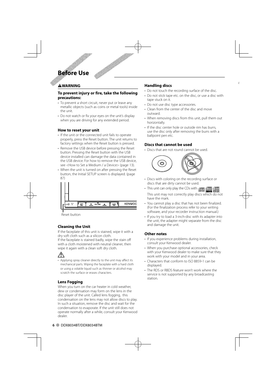 Before use | Kenwood DDX8034BTM User Manual | Page 6 / 96