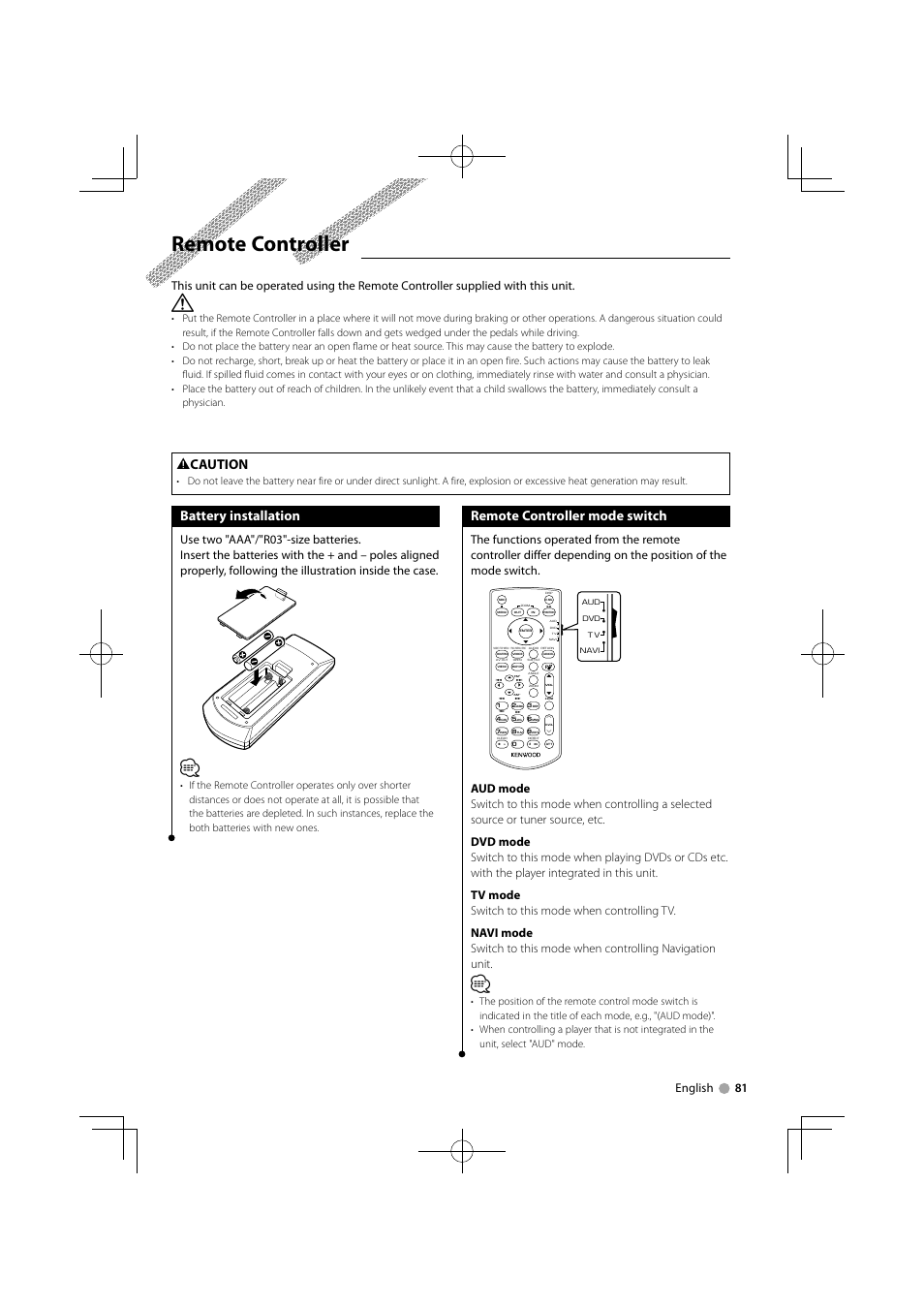 Remote controller, Battery installation, Remote controller mode switch | 2 caution, English 81 | Kenwood DDX8034BTM User Manual | Page 81 / 96