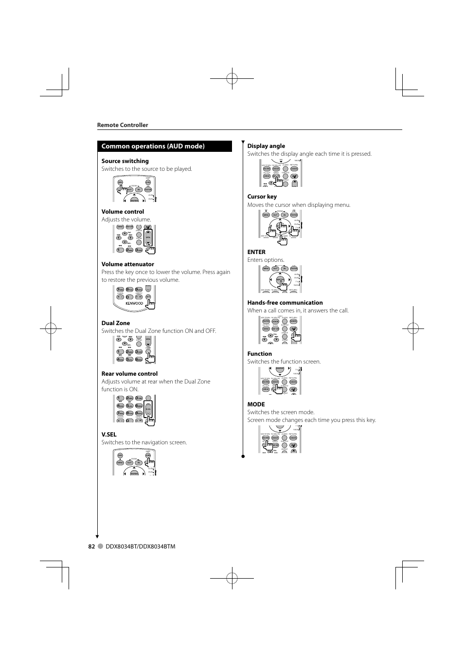 Common operations (aud mode), Volume control adjusts the volume, V.sel switches to the navigation screen | Cursor key moves the cursor when displaying menu, Enter enters options, Function switches the function screen, Remote controller | Kenwood DDX8034BTM User Manual | Page 82 / 96