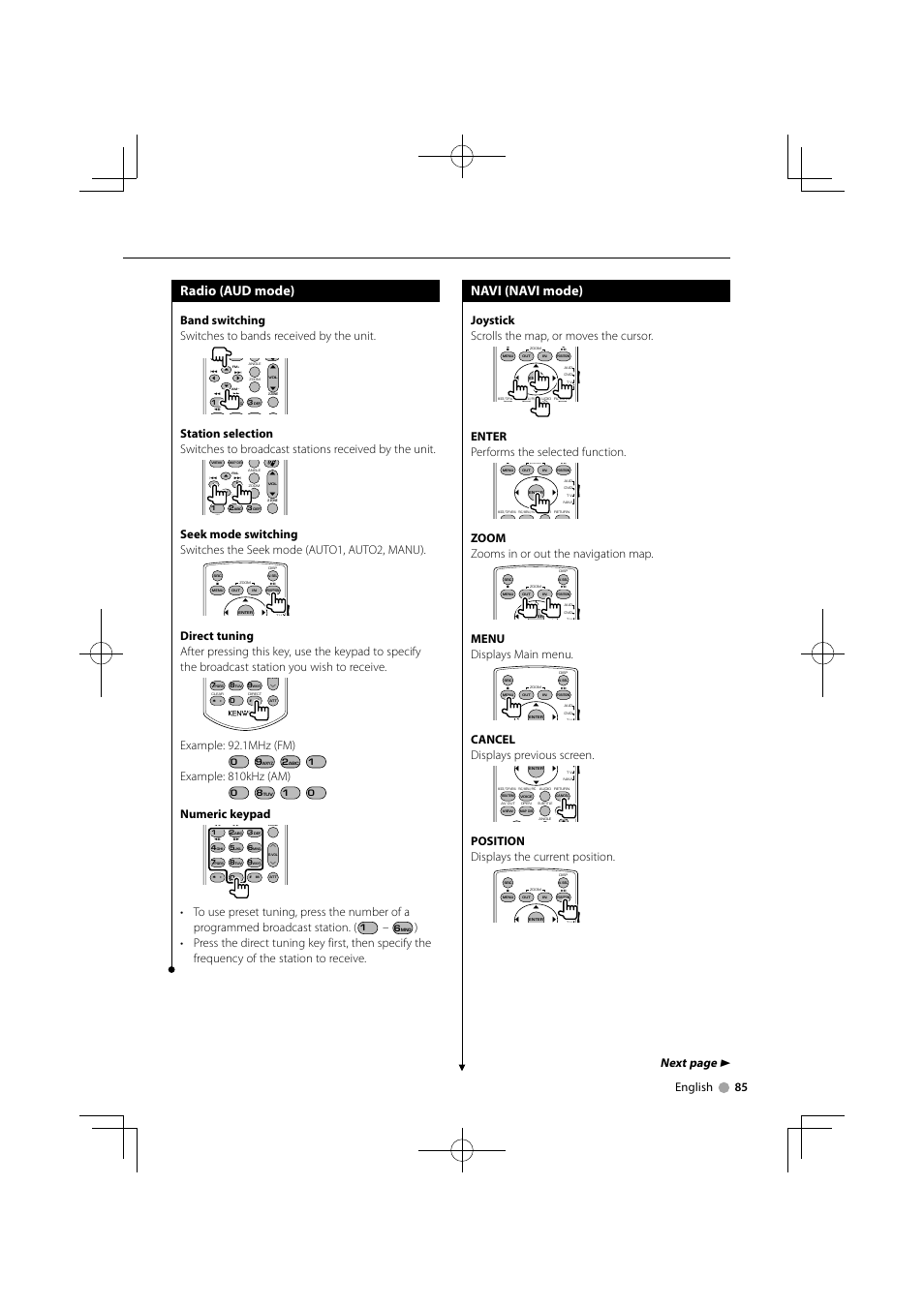 Radio (aud mode), Navi (navi mode), Next page 3 | English 85, Example: 92.1mhz (fm), Example: 810khz (am), Numeric keypad, Joystick scrolls the map, or moves the cursor, Enter performs the selected function, Zoom zooms in or out the navigation map | Kenwood DDX8034BTM User Manual | Page 85 / 96