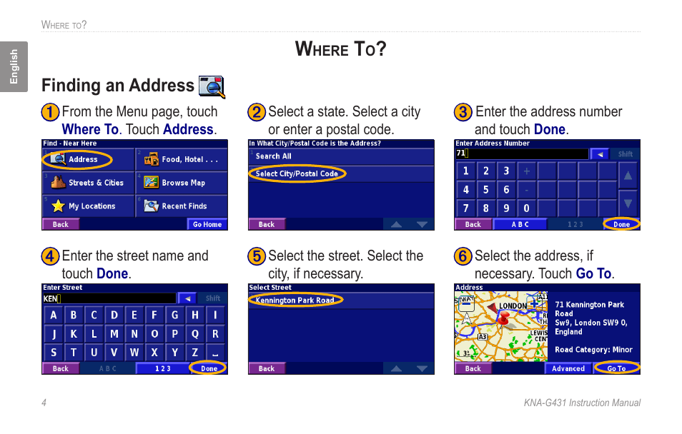 Where to, Finding an address | Kenwood KNA-G431 User Manual | Page 10 / 120