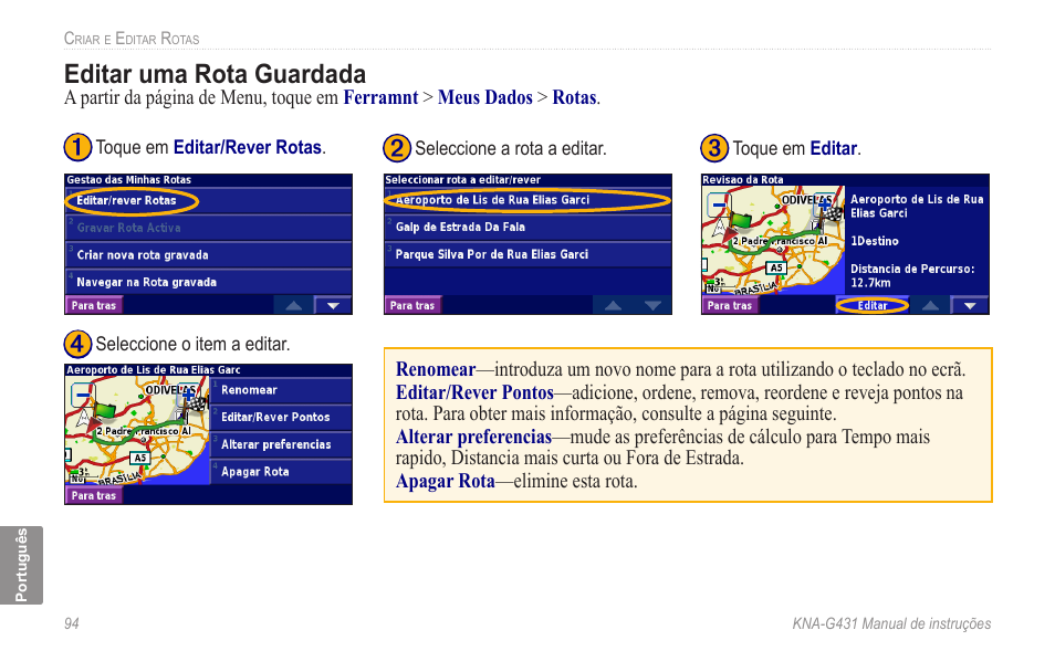 Editar uma rota guardada | Kenwood KNA-G431 User Manual | Page 100 / 120