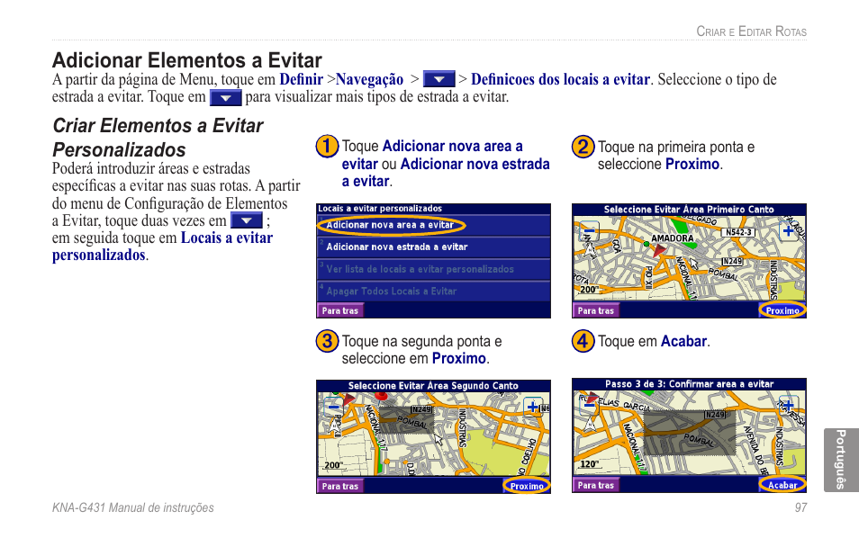 Adicionar elementos a evitar, Criar elementos a evitar personalizados | Kenwood KNA-G431 User Manual | Page 103 / 120