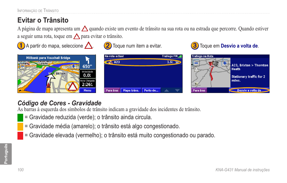 Evitar o trânsito, Código de cores - gravidade | Kenwood KNA-G431 User Manual | Page 106 / 120