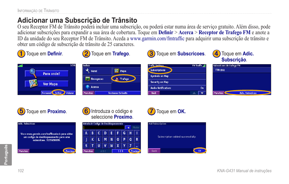 Adicionar uma subscrição de trânsito | Kenwood KNA-G431 User Manual | Page 108 / 120