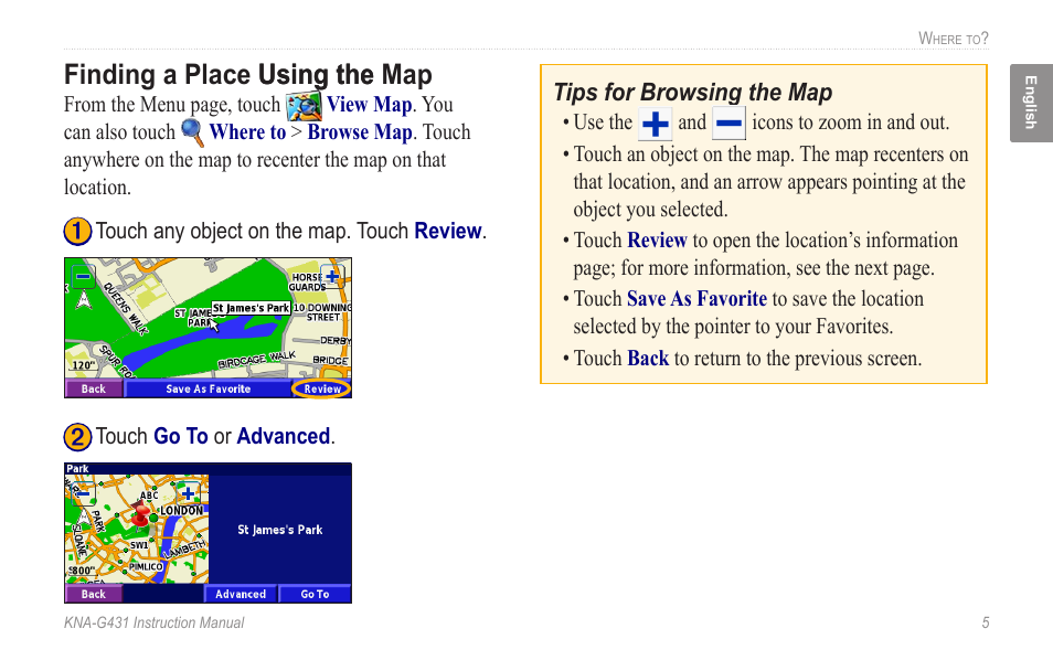 Finding a place using the map, Finding a place using the using the map | Kenwood KNA-G431 User Manual | Page 11 / 120