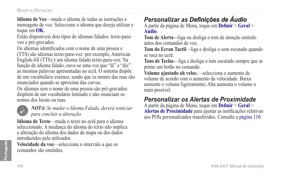 Áudio. consulte a, Personalizar os alertas de proximidade | Kenwood KNA-G431 User Manual | Page 110 / 120