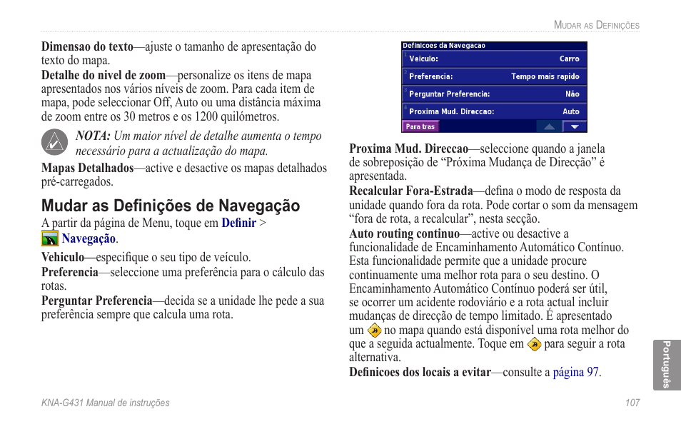 Mudar as definições de navegação | Kenwood KNA-G431 User Manual | Page 113 / 120