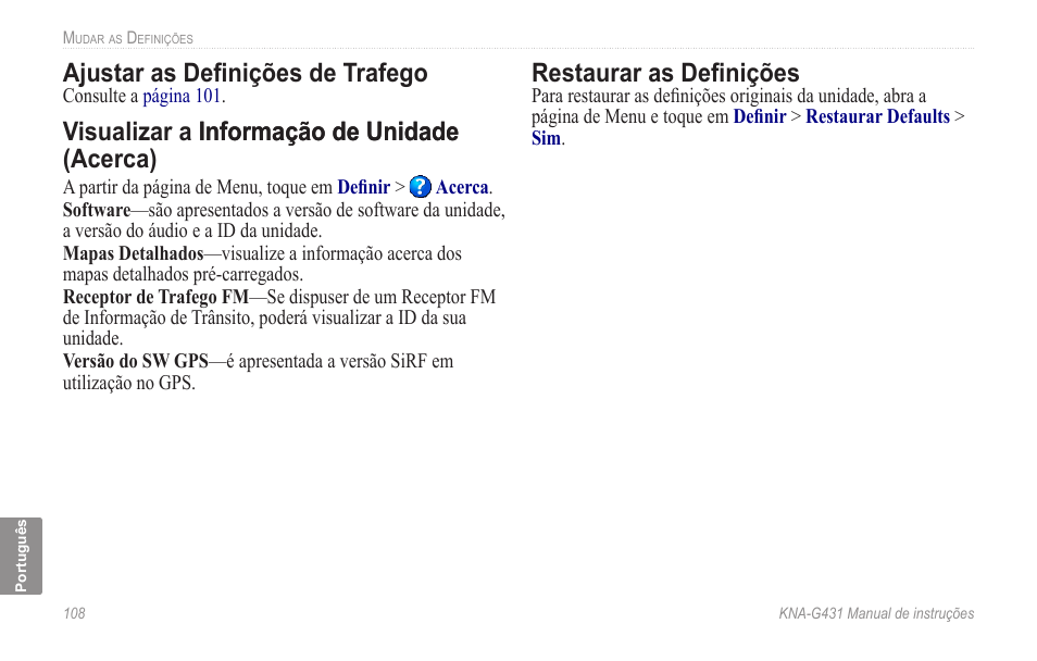 Ajustar as definições de trafego, Visualizar a informação de unidade (acerca), Restaurar as definições | Kenwood KNA-G431 User Manual | Page 114 / 120