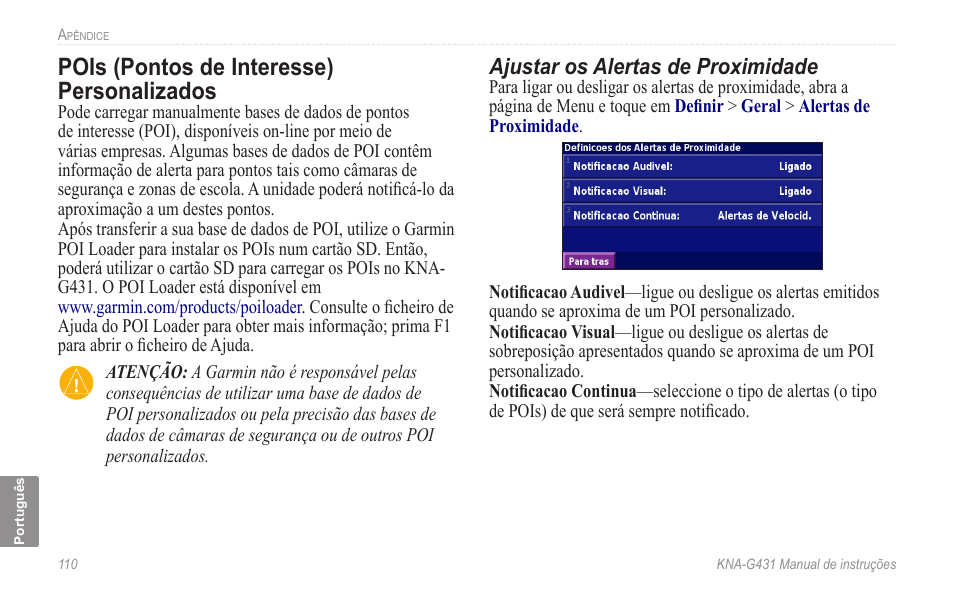 Pois (pontos de interesse) personalizados, Pois (pontos de interesse) personalizados .110, Pois �pontos de interesse� personalizados | Kenwood KNA-G431 User Manual | Page 116 / 120