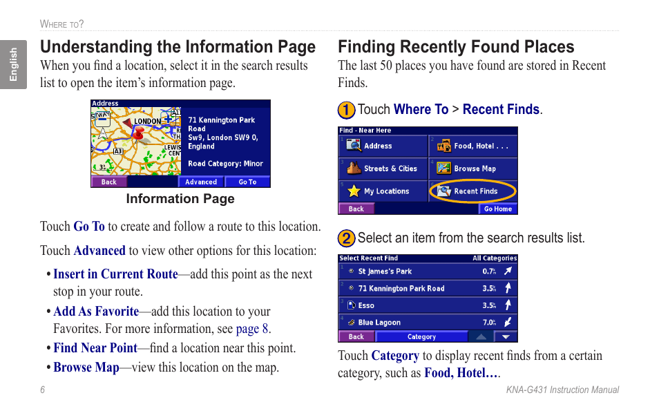 Finding recently found places, Understanding the information page | Kenwood KNA-G431 User Manual | Page 12 / 120