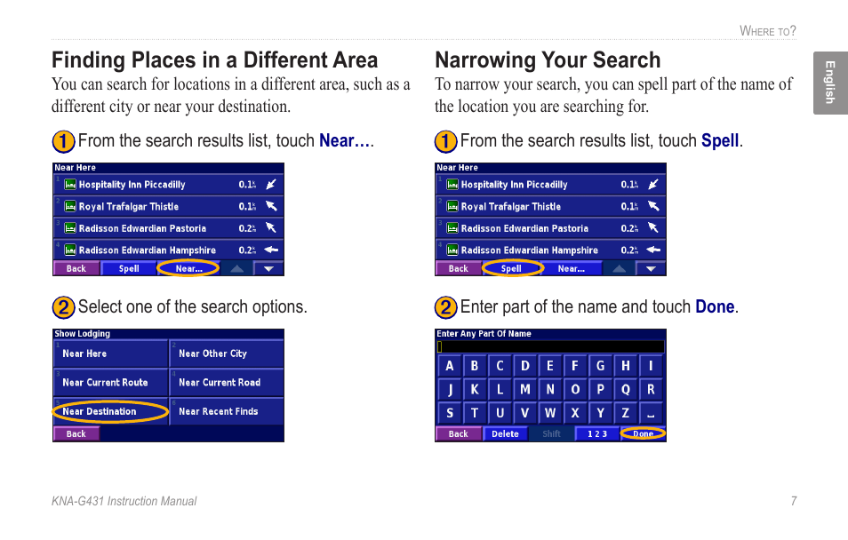 Finding places in a different area, Narrowing your search | Kenwood KNA-G431 User Manual | Page 13 / 120