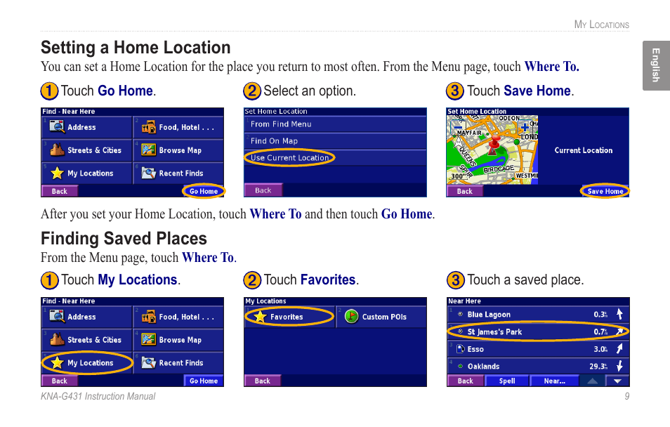 Setting a home location, Finding saved places, Setting a home location finding saved places | Kenwood KNA-G431 User Manual | Page 15 / 120