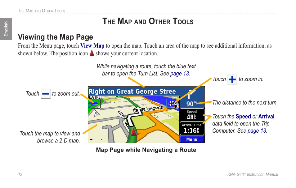 The map and other tools, Viewing the map page | Kenwood KNA-G431 User Manual | Page 18 / 120