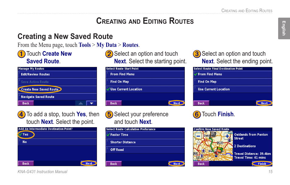 Creating and editing routes, Creating a new saved route | Kenwood KNA-G431 User Manual | Page 21 / 120