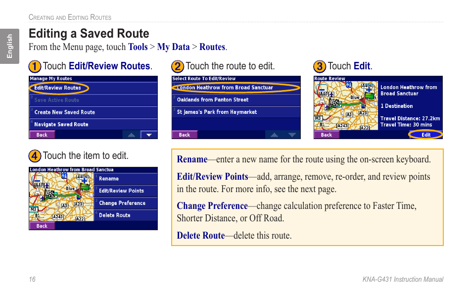 Editing a saved route | Kenwood KNA-G431 User Manual | Page 22 / 120