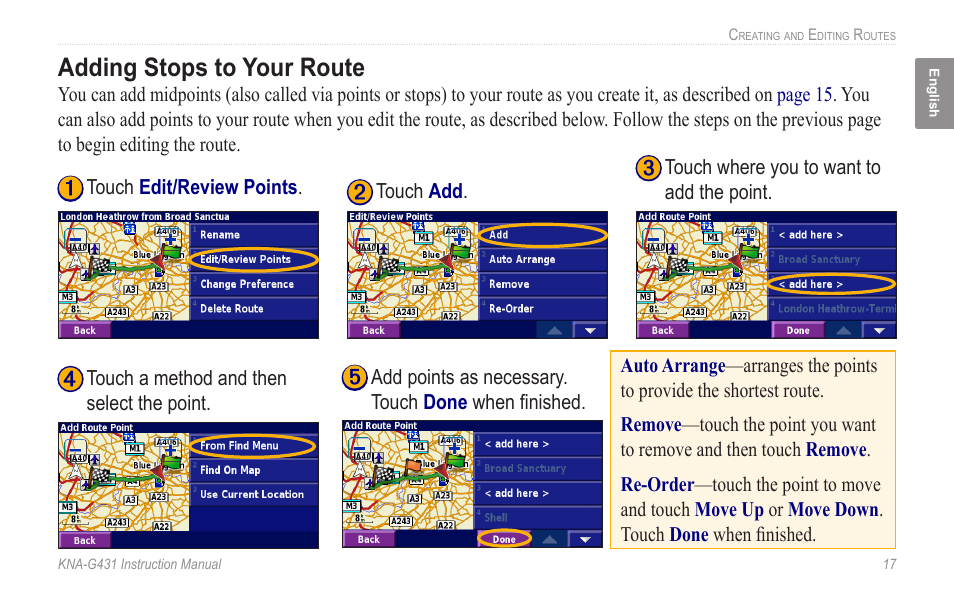 Adding stops to your route | Kenwood KNA-G431 User Manual | Page 23 / 120