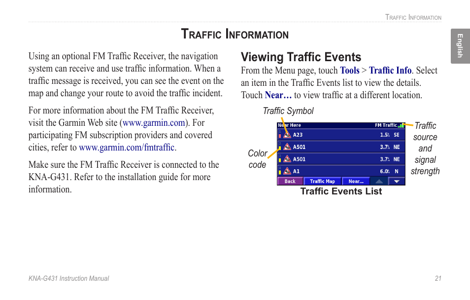 Traffic information, Viewing traffic events | Kenwood KNA-G431 User Manual | Page 27 / 120