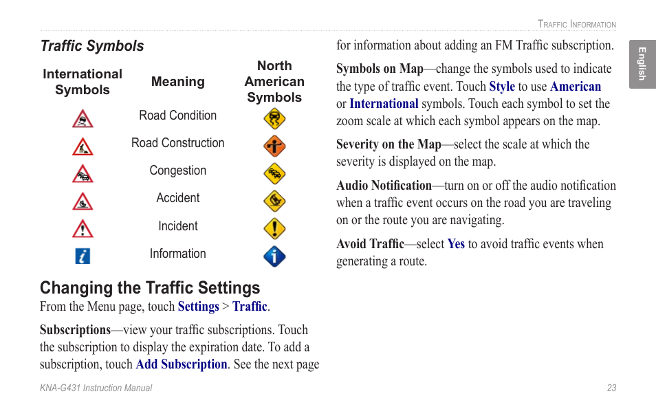 Changing the traffic settings | Kenwood KNA-G431 User Manual | Page 29 / 120