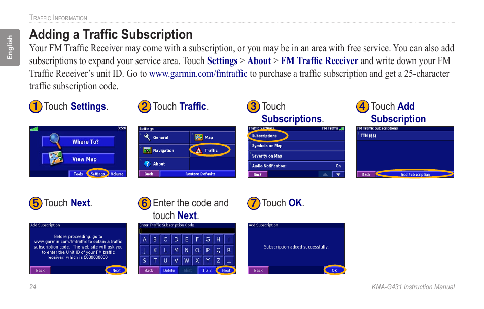 Adding a traffic subscription | Kenwood KNA-G431 User Manual | Page 30 / 120