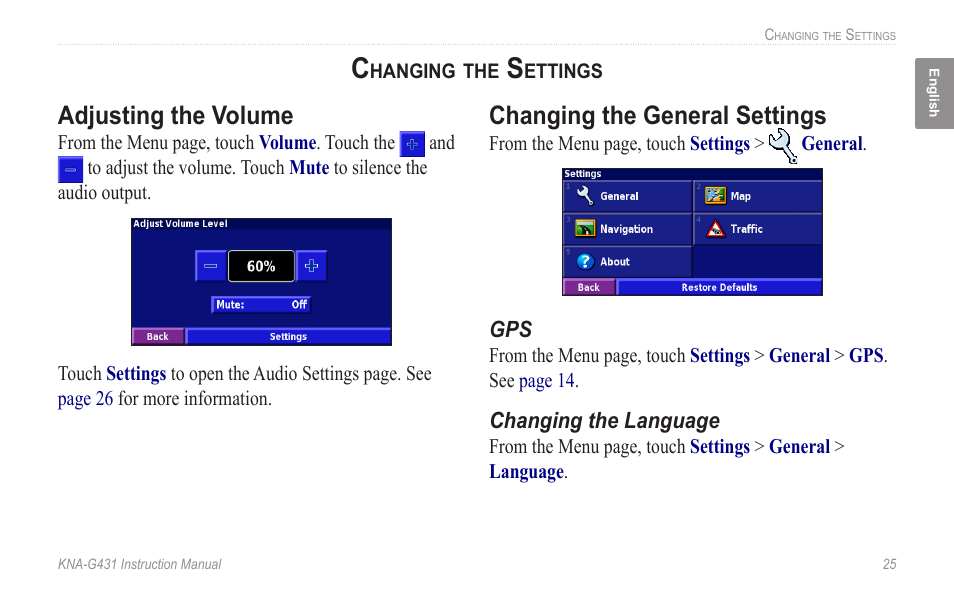 Changing the settings, Adjusting the volume, Changing the general settings | Adjusting the volume changing the general settings | Kenwood KNA-G431 User Manual | Page 31 / 120